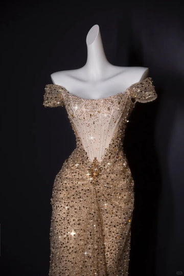 Niulatu Off-the-shoulder Sheath Long Prom Dresses Tulle Sequins Gold New Year's Evening Dresses Sparkly Birthday Dresses HZ1026